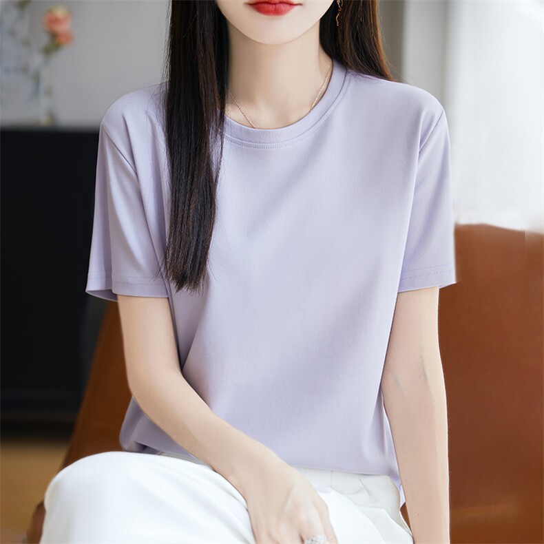 夏季新款简约圆领短袖女宽松百搭显瘦时尚休闲上衣,女装T恤,羊秋羊绒