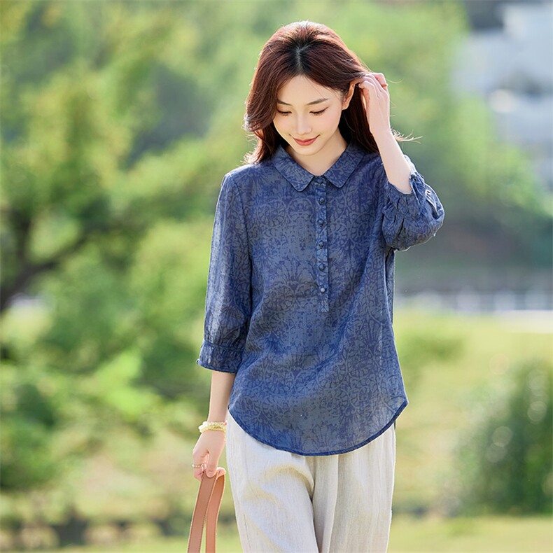 2026年春季女短袖宽松苎麻常规文艺/优雅，女装衬衫，江南依恋