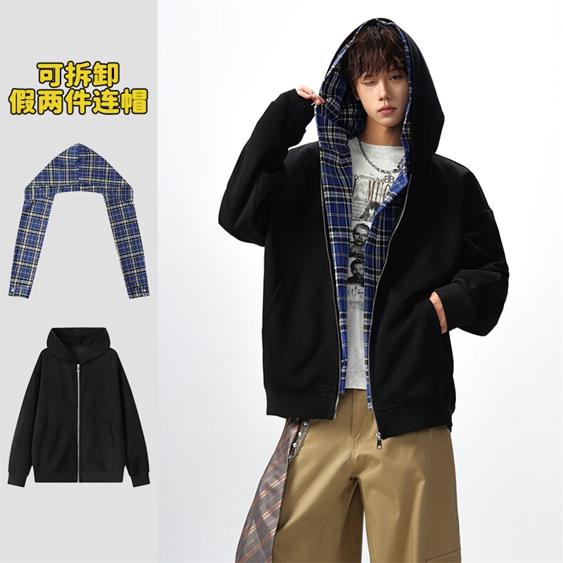 港风设计感350g重磅华棉可拆卸假两件卫衣外套男W6062-特P65控128，女装短外套，电商A001