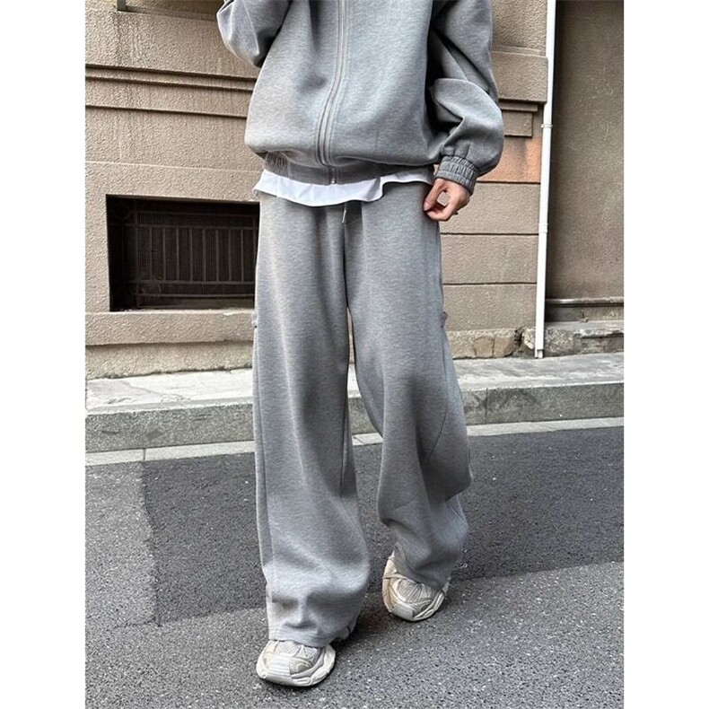 灰色解构加绒弯刀卫裤男款秋冬重磅裤子美式高街宽松阔腿休闲长裤,男装休闲裤,星座506A