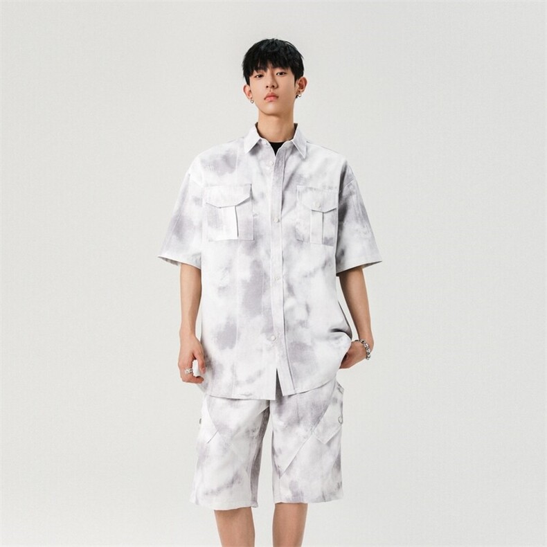水墨画工装短袖套装男夏季宽松百搭半袖五分裤A406TZ5066特P68,男装休闲套装,星座309（原A406）