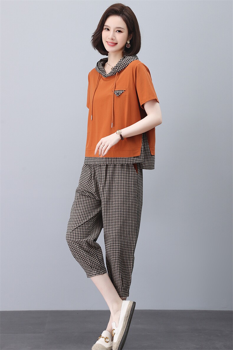 中年妈妈棉麻格子套装女夏2025新款时尚休闲遮肚子显瘦洋气两件套,女装套装/套裙,忆绮罗