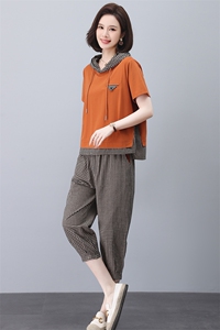 中年妈妈棉麻格子套装女夏2025新款时尚休闲遮肚子显瘦洋气两件套图片