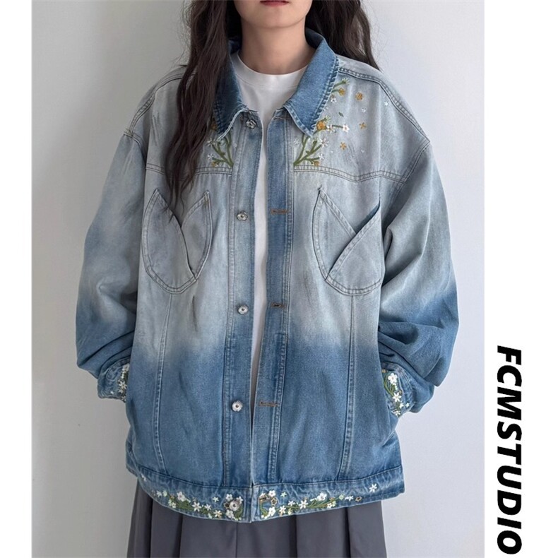 JK8973-P73美式复古秋季新款花卉潮牌设计感渐变刺绣牛仔夹克,男装夹克,电商B323A