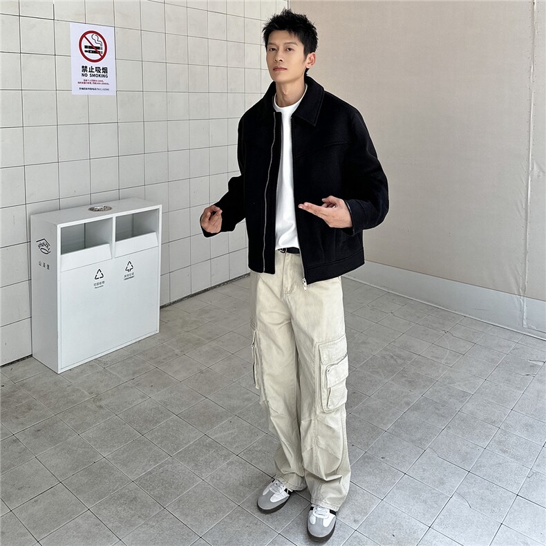双拉链毛呢夹克外套秋冬短款呢子大衣宽松妮子风A236-JK606-P145,男装毛呢大衣,电商A236