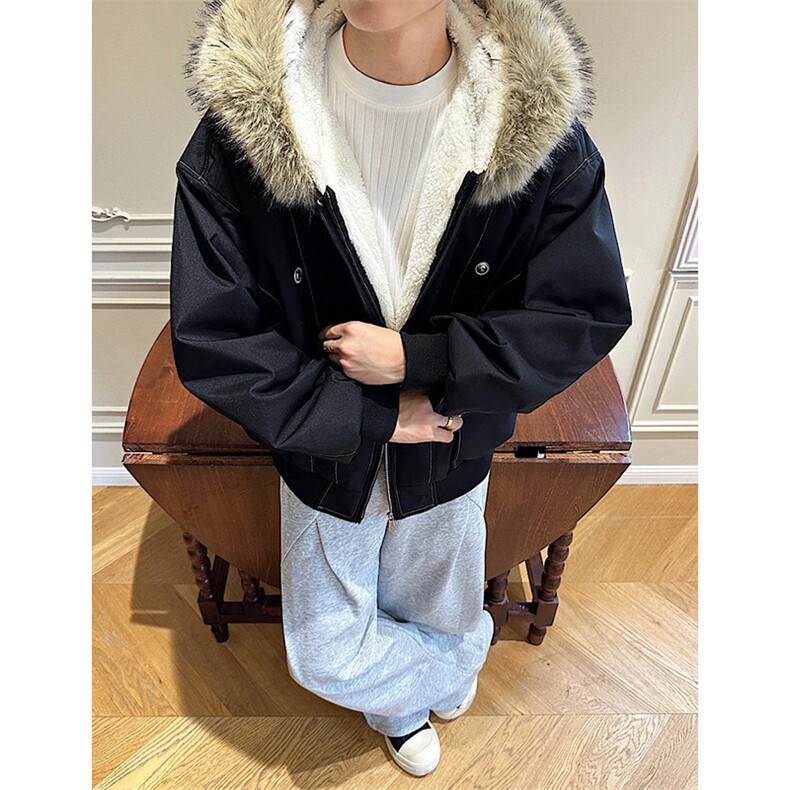 现货重磅boxy短款棉衣座山雕大毛毛领男女棉服水洗工装厚外套,男装棉衣,电商A443