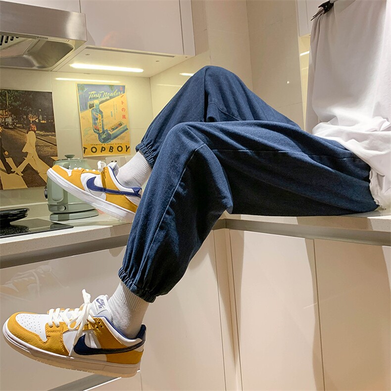 现货四季款男装宽松休闲束脚抽绳纯色牛仔裤港风潮流DM08-P40，男装牛仔裤，电商D321-1