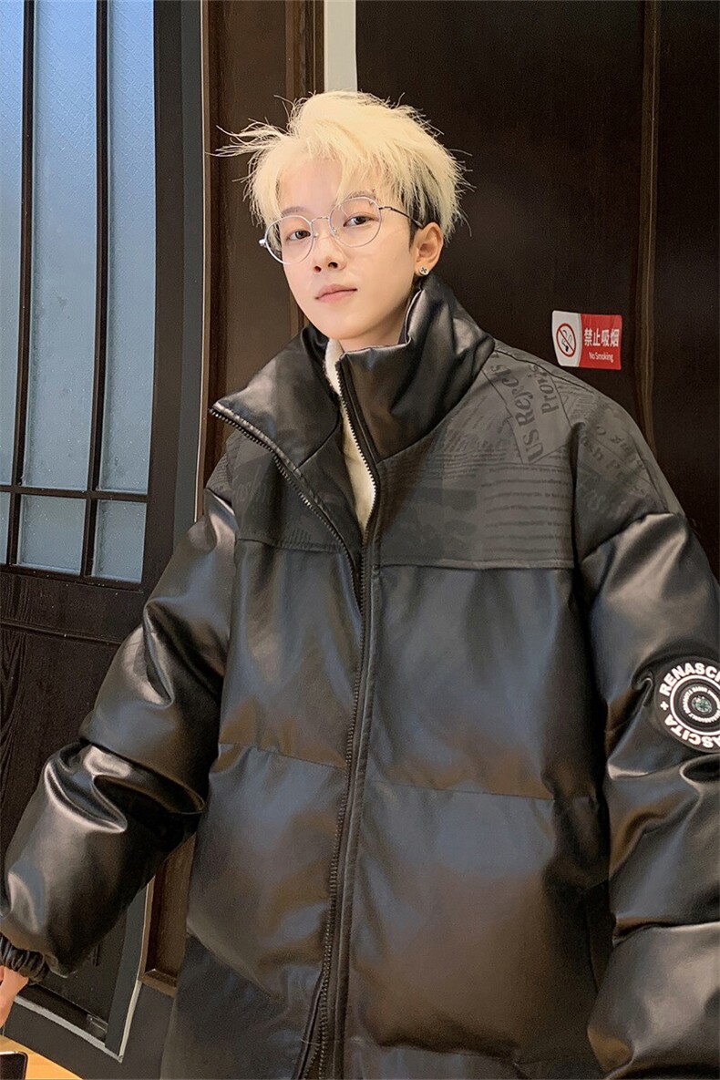 潮牌拼接PU皮保暖羽绒棉服男加厚外套M1605P100直播,男装棉衣,星座1904A-1