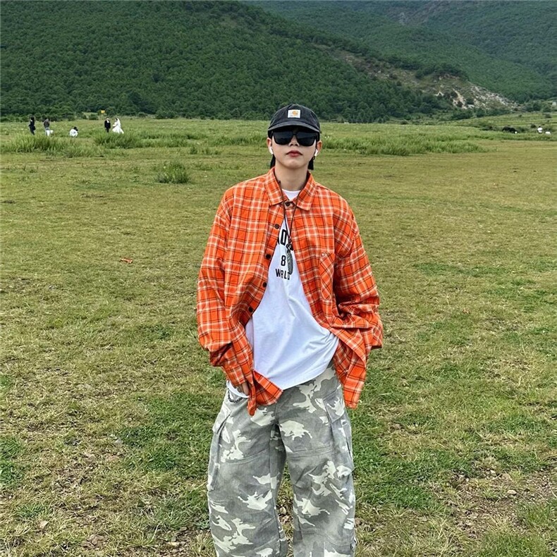 美式复古橙色格子衬衫女秋季撞色拼接格纹长袖衬衣高级感宽松上衣,男装衬衫,星座1210-1
