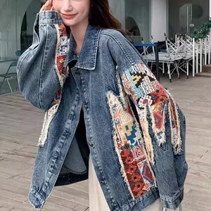 2025春季新款风绣花拼接长袖翻领牛仔外套女胖妹妹大码上衣夹克图片