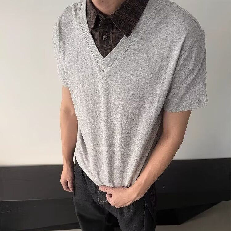 美式复古2025新款假两件格子领短袖T恤男女夏季宽松休闲POLO衫图片