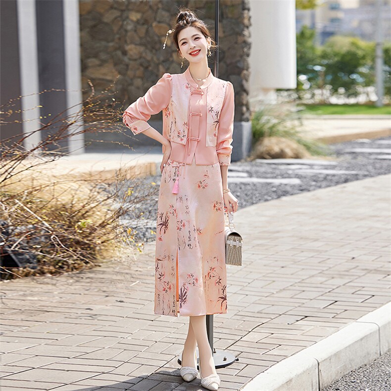 新中式轻G风套装女2026春秋新款高级感禅意印花盘扣半身裙两件套,女装套装/套裙,奕薇雅