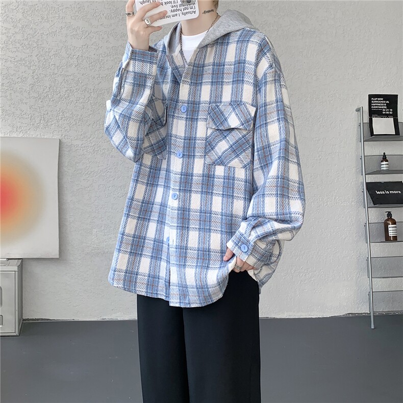 美式复古连帽格子衬衫大码磨毛长袖衬衣慵懒风宽松外套CS9007/P55,男装衬衫,电商B238