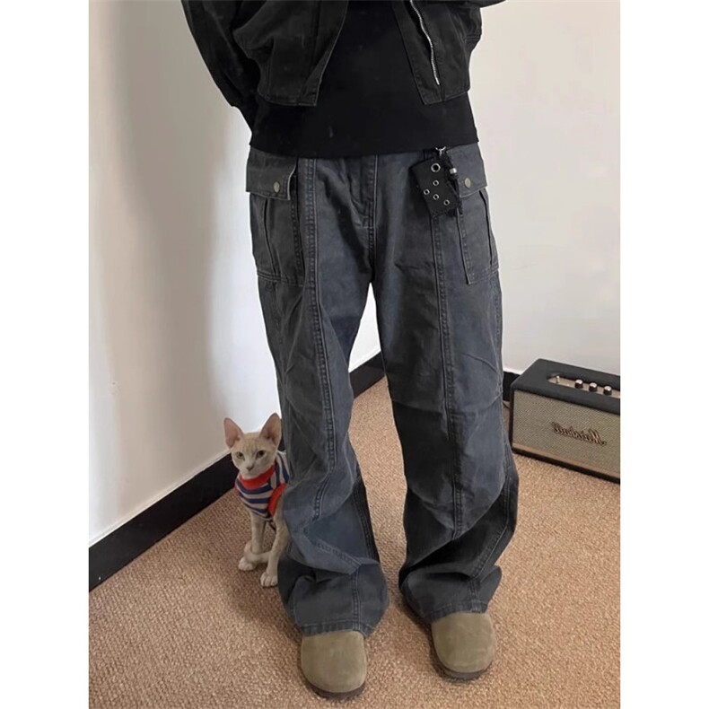 N1048水洗做旧双褶皱工装内包边高质量深灰杏色S到3XL,男装牛仔裤,星座506A