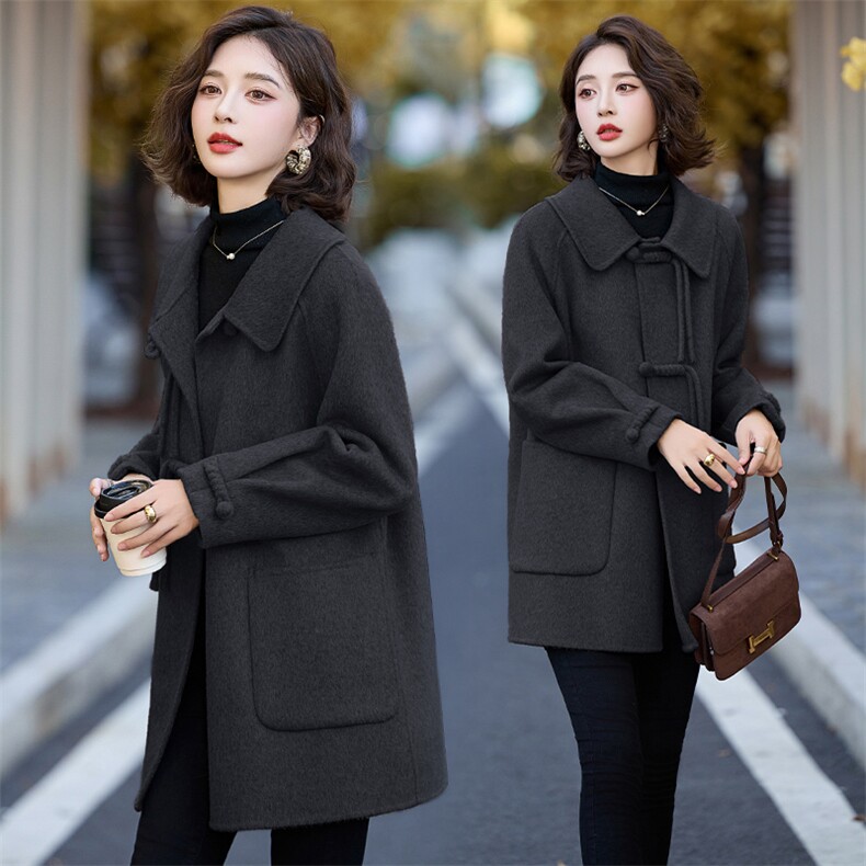 盘扣双面羊绒大衣女2024秋冬新款爆款时尚减龄欧货小个子毛呢外套,女装双面呢大衣,琦鑫阁（原依鑫阁）