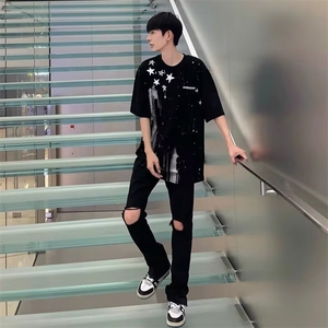 1506A/G77140/P41美式街头水洗做旧破洞牛仔裤图片