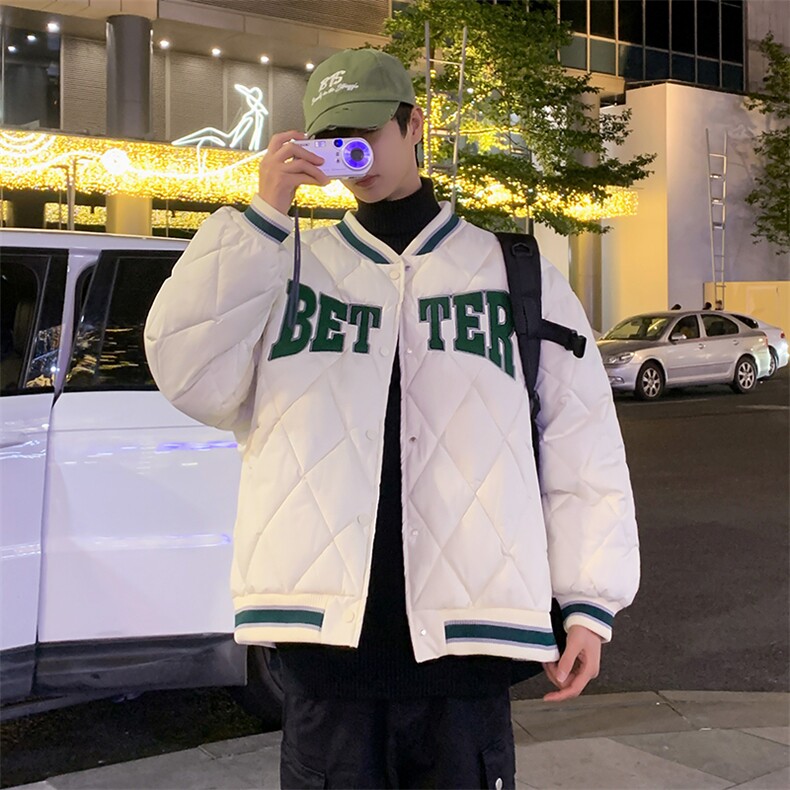 男士格子加厚棉衣男冬季字母绣花棉服棒球领棉袄A266-WMY2215-P75,男装棉衣,电商A266