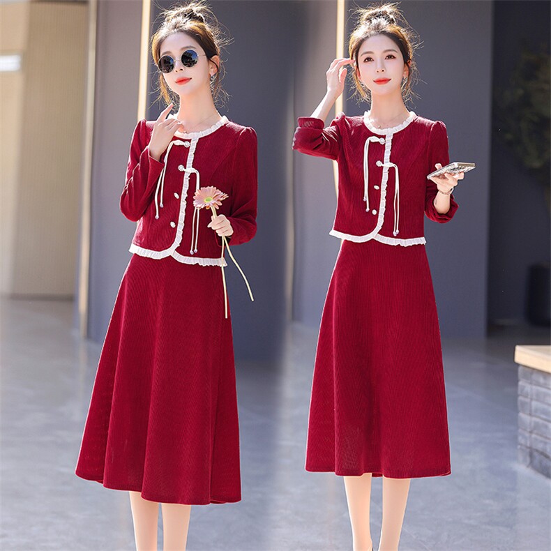 新中式轻国风红色长袖连衣裙女春秋套装2024新款小个子盘扣两件套，女装套装/套裙，丽美静依