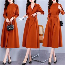 新款长袖风衣式连衣裙女春秋新款收腰显瘦复古气质风衣裙送腰带，女装连衣裙，韩美纤衣