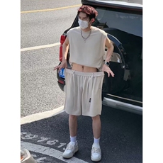 设计运动套装男款夏季无袖坎肩背心短裤少年感穿搭一整套，男装牛仔裤，星座506A