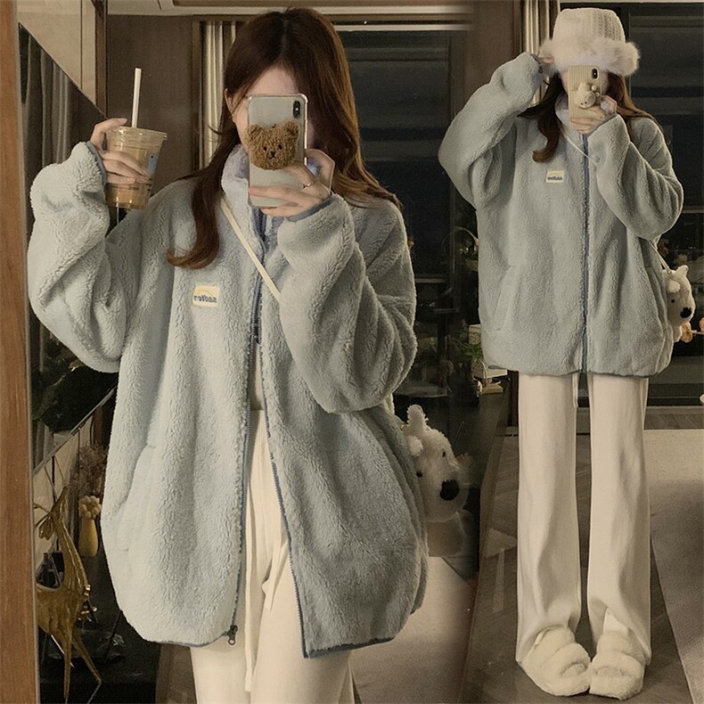 C939-P115复合羊羔毛棉衣外套新款潮宽松情侣保暖加厚毛绒棉服图片