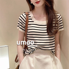 法式U领条纹冰丝针织短袖T恤女春季休闲半袖体恤时尚百搭上衣，女装T恤，悦玛羊绒
