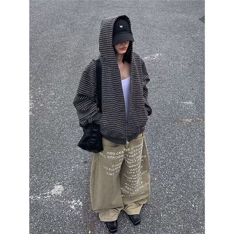 Y140-P80美式复古2025早秋新款条纹拉链开衫连帽卫衣男女,男装卫衣,电商B323A