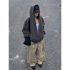 Y140-P80美式复古2025早秋新款条纹拉链开衫连帽卫衣男女，男装卫衣，电商B323A