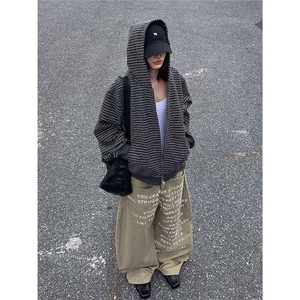 Y140-P80 美式复古2025早秋新款条纹拉链开衫连帽卫衣男女图片