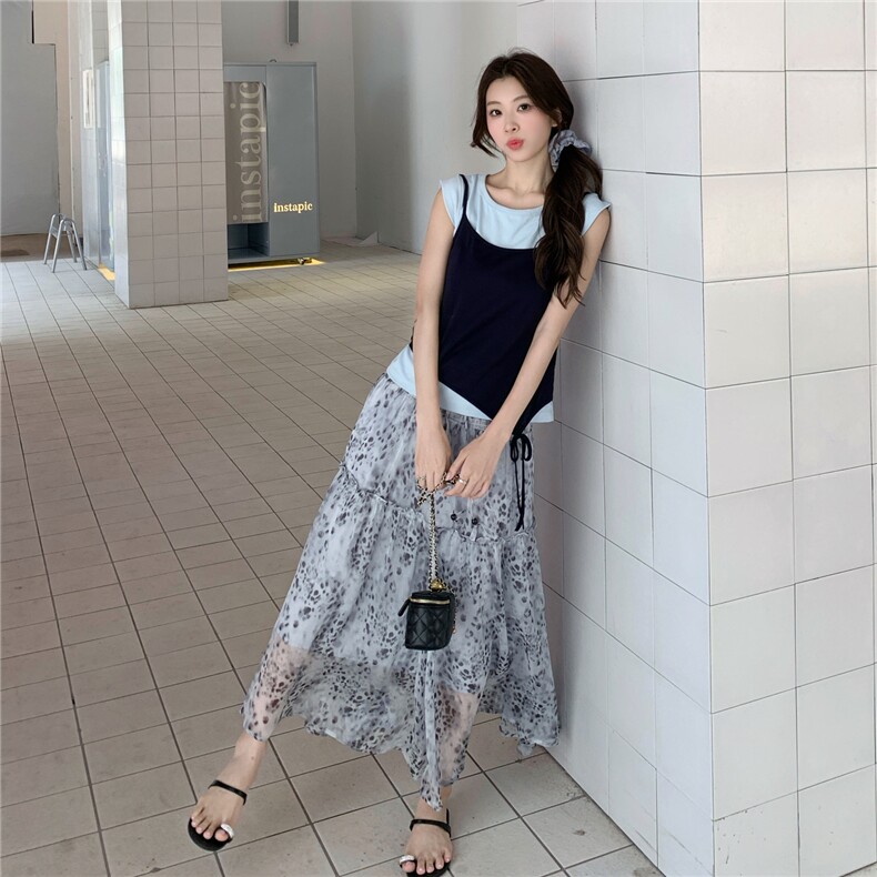 韩版轻熟风印花半身裙套装女2025年夏季新款不规则吊带上衣三件套,女装套装/套裙,维壹