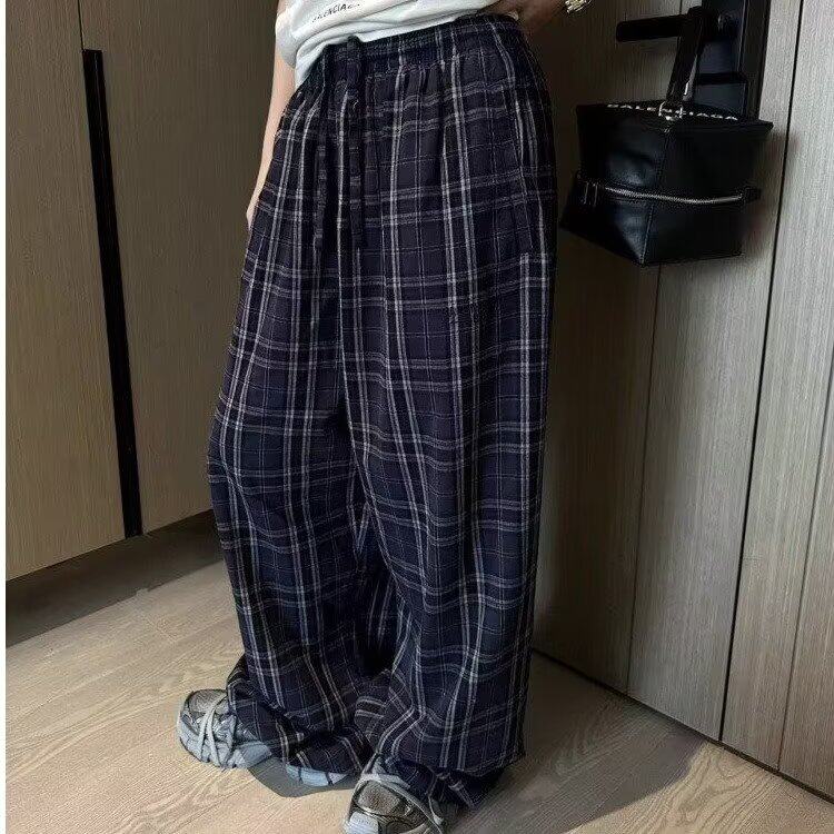 垂感慵懒风格子拖地裤男女2025夏直筒裤宽松阔腿裤复古MKK71 P46图片