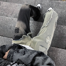 街头拼接牛仔裤男女春秋新款潮美式复古直筒微喇长裤N0731-P52，男装牛仔裤，星座308B-1