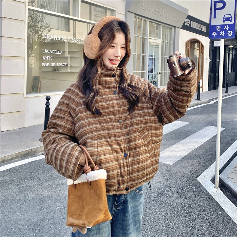 韩系巨好看格子羽绒服女2025冬季新款加厚立领休闲小个子面包服,女装羽绒服,2D014