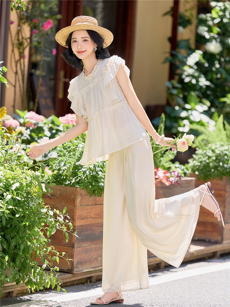 超仙时尚雪纺无袖木耳边套装女2026夏新款半透减龄阔腿裙裤两件套,女装套装/套裙,水衣源