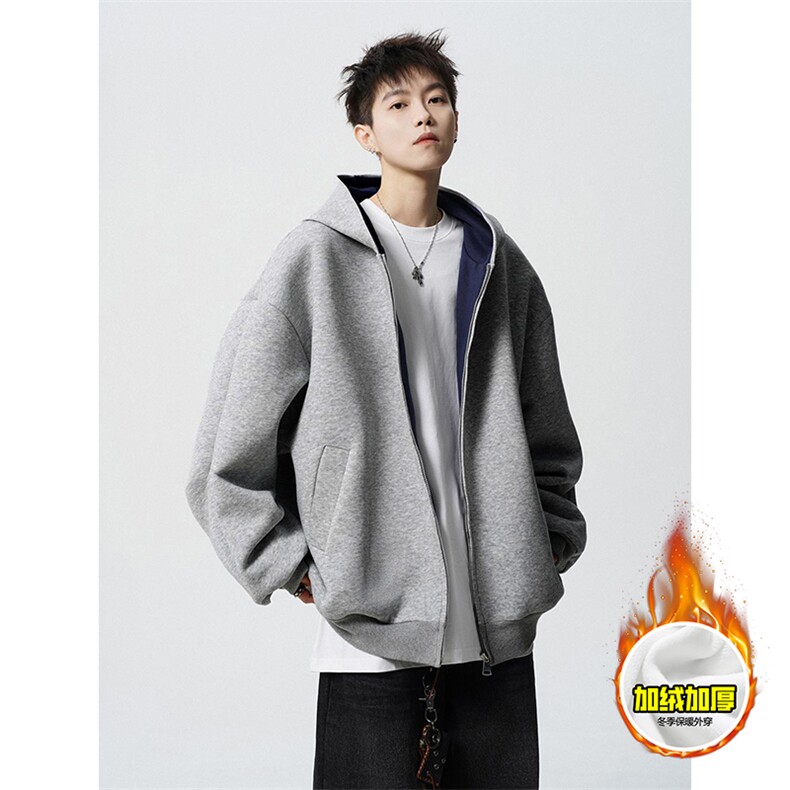 480G重磅加绒硬挺boxy男女秋冬美式高街结构双面连帽卫衣开衫外套，女装短外套，电商A486