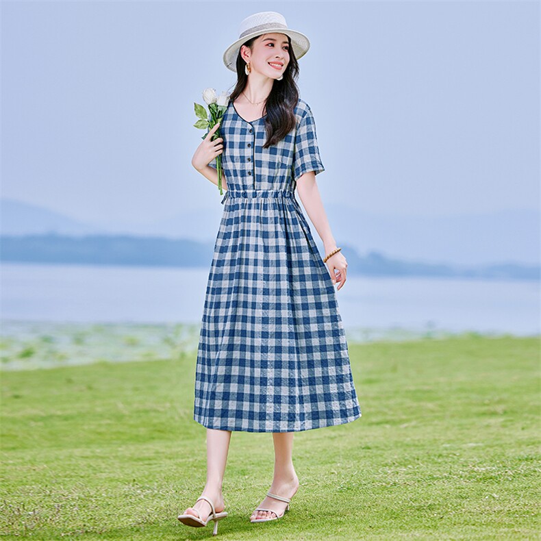 棉麻连衣裙夏季2025新款衣服大码女装高端精致气质宽松格子长裙子,女装连衣裙,铭街依杨