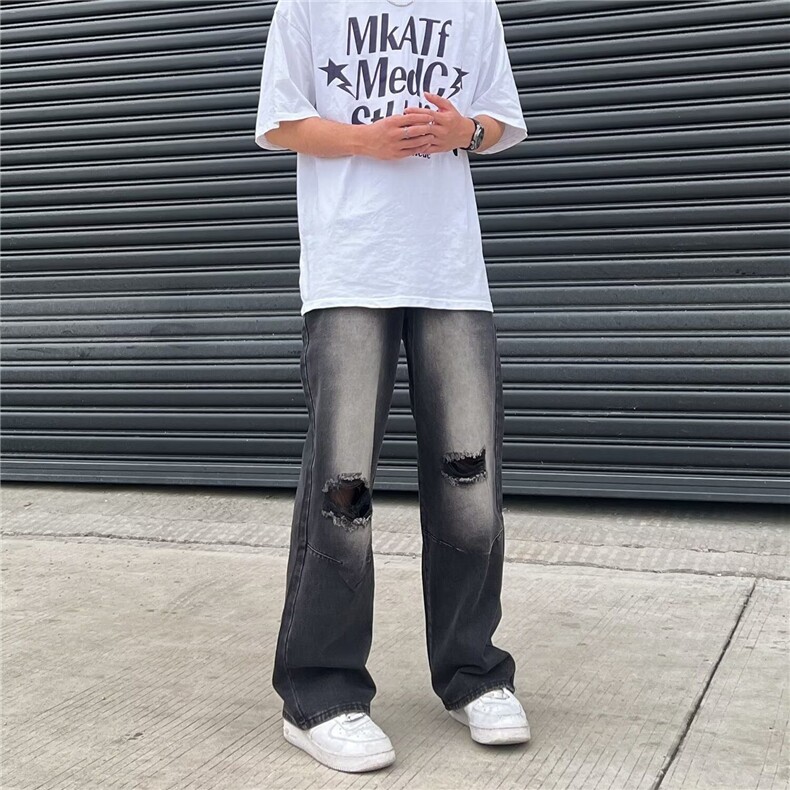 网图美式复古黄泥染破洞牛仔裤夏季宽松直筒牛仔裤K8854-P45,男装牛仔裤,星座1001-1