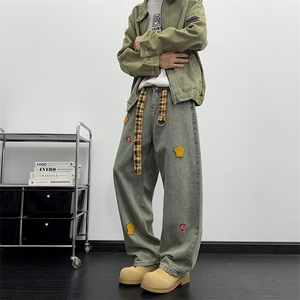 刺绣设计感卡通牛仔裤男2025夏季情侣款宽松直筒休闲裤女图片