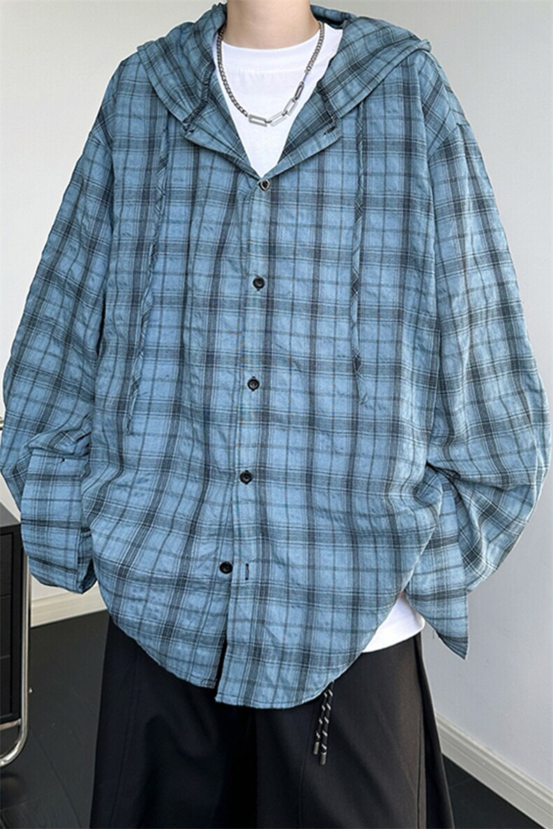 廓形防晒衬衫男夏季长袖冰丝薄款亚麻格子衬衣开衫外套CS29006P50,男装衬衫,电商B312