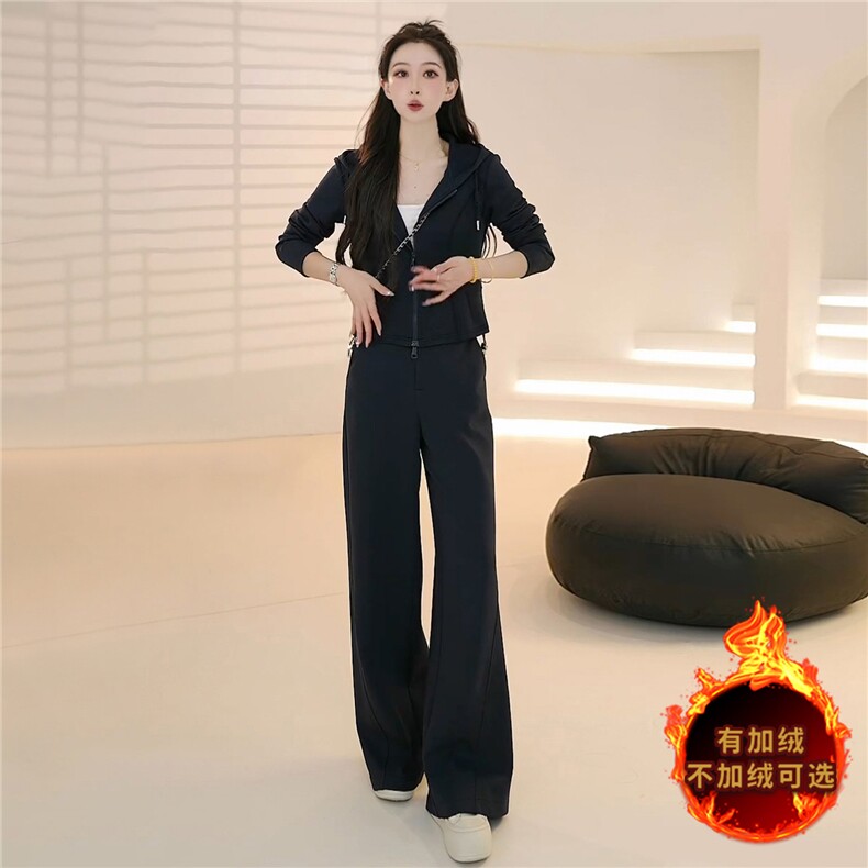 高级感时尚气质休闲套装女秋季新款纯色拉链开衫卫衣阔腿裤两件套,女装套装/套裙,江南