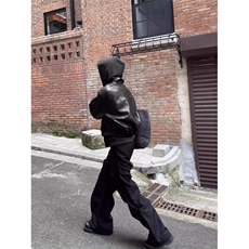 1506/Q73200/P66黑色百搭皮衣设计感帅气松紧腰皮夹克机车外套，男装夹克，星座1506