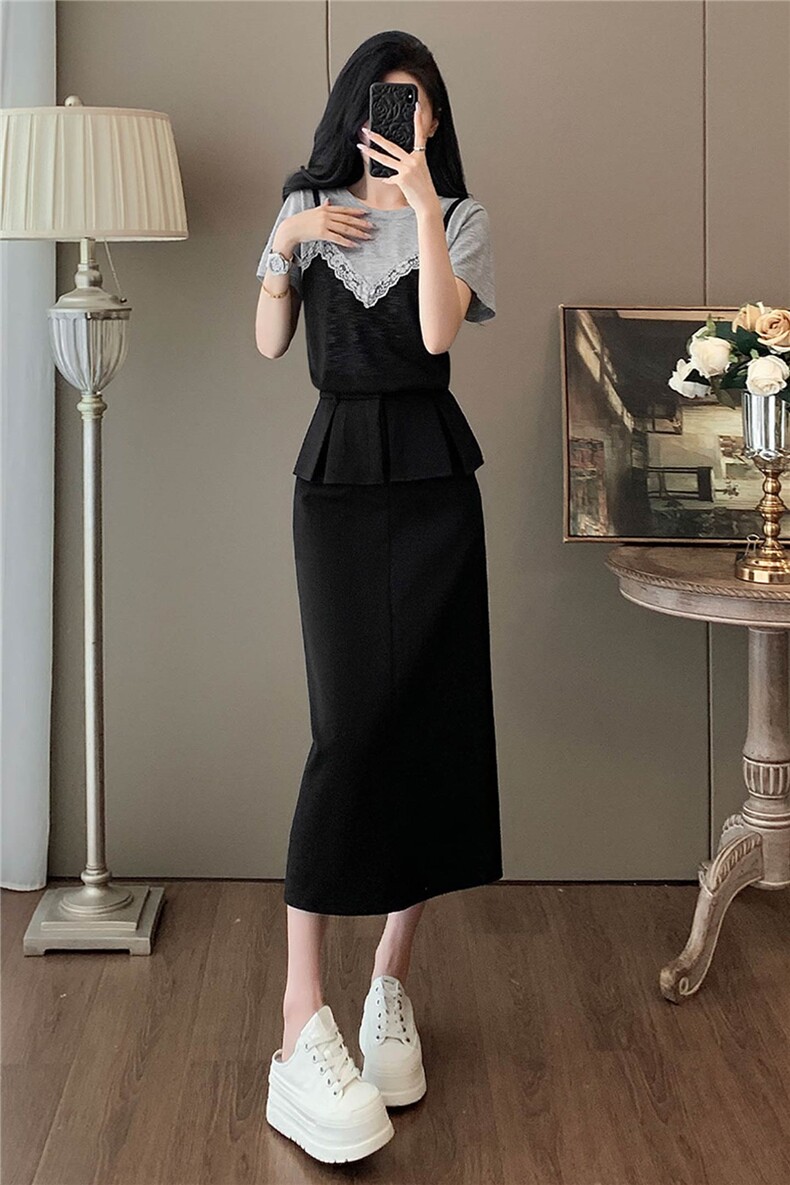 韩版休闲时尚运动套装女夏款蕾丝吊带拼接上衣开叉半身长裙两件套,女装套装/套裙,江南