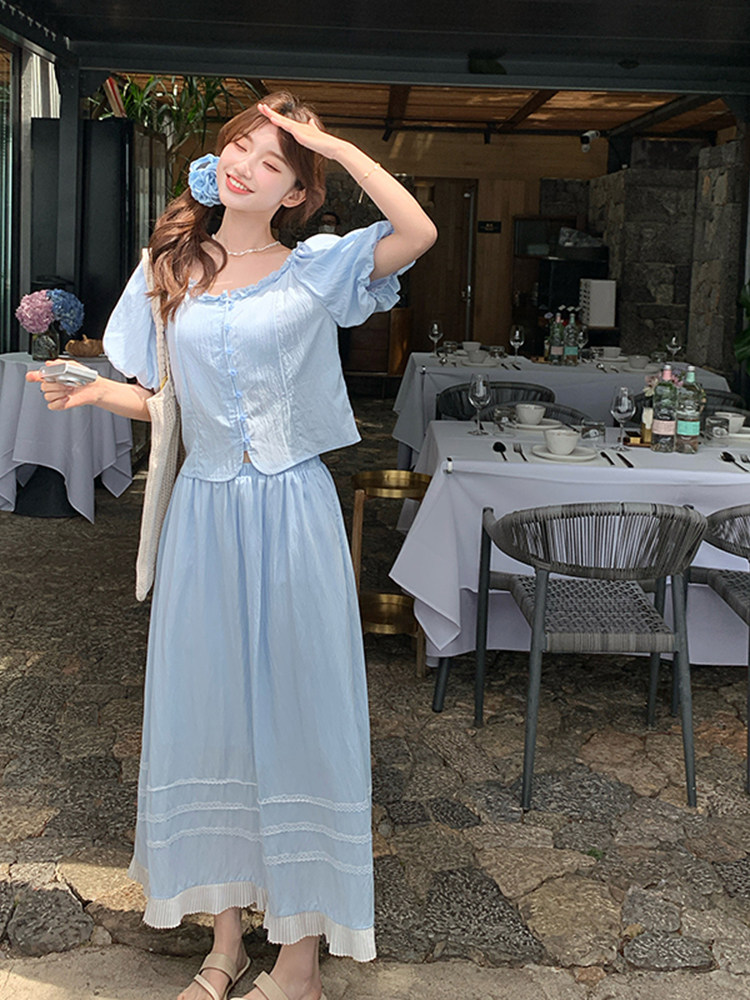 蓝色简约大方休闲套装裙女2025夏新款超好看甜美上衣半身裙两件套,女装套装/套裙,浙宝220