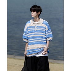 8XL-M特大码美式复古条纹撞色针织POLO衫翻领休闲短袖TDX311P35，男装T恤，电商D206-1