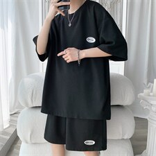 TZ65556/P40华夫格夏季宽松贴标套装男T恤短裤两件套大码港风控78