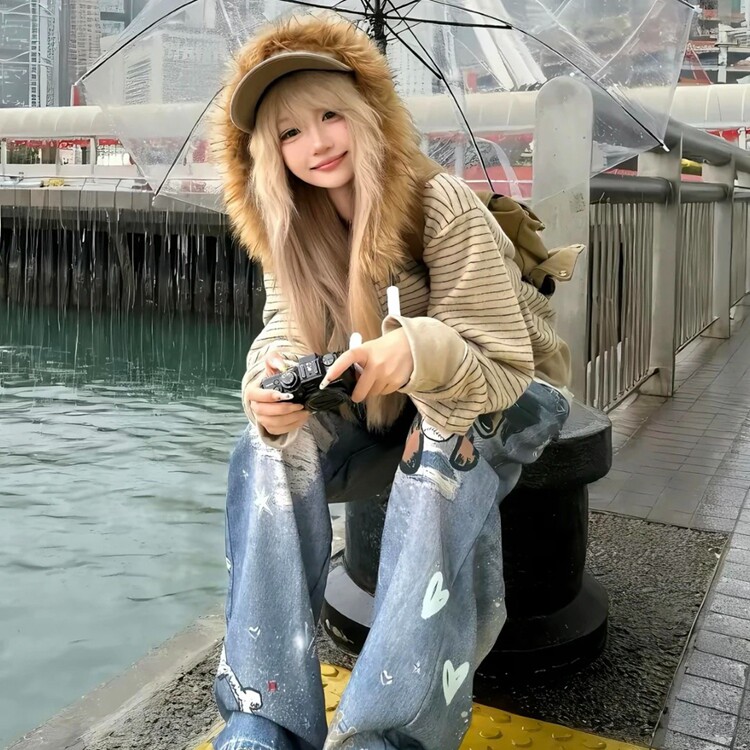 美式复古条纹毛领连帽卫衣男女款早秋穿搭慵懒风cleanfit开衫外套,女装短外套,星座218-8
