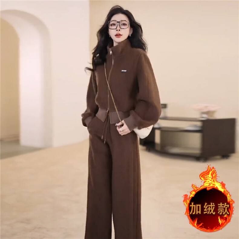 女秋冬新款高级感休闲时尚套装减龄显瘦拉链开衫外套阔腿裤两件套,女装套装/套裙,江南