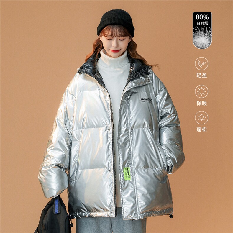 80白鸭绒中性冬季时尚保暖亮面设计炫彩连帽羽绒服YR102P255控299图片