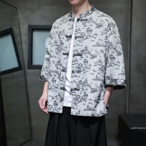 2025中式新款仿牛仔手感花纹提花七分袖衬衫开衫KS518-P75控98图片