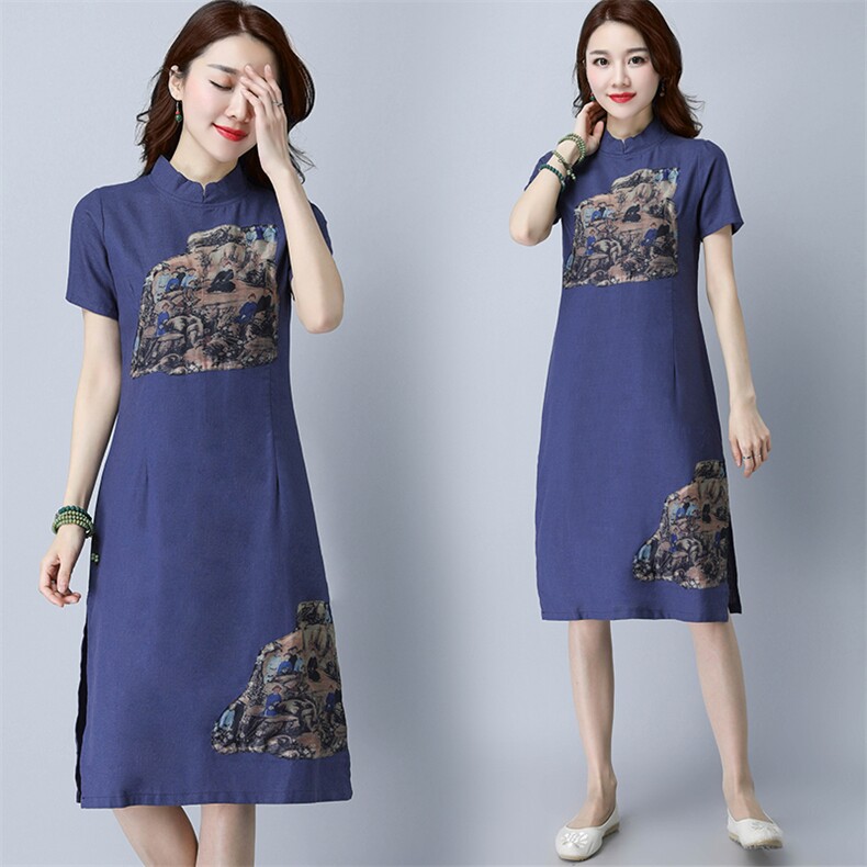 麻连衣裙纯色立领套头2021年夏季短袖中长款纯色简约优雅气质时尚，女装连衣裙，独衣靓